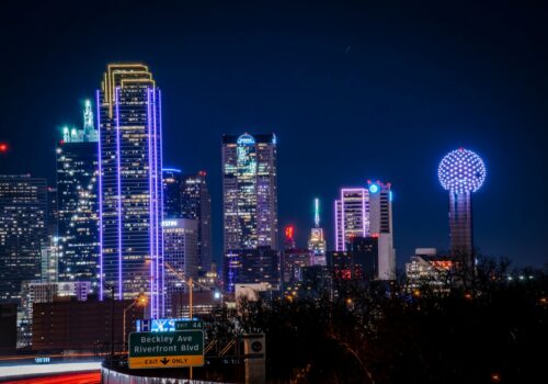 city skyline during night time
